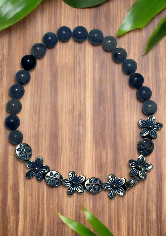 Blue Aventurine With Silver and Blue Flower Mix Bracelet