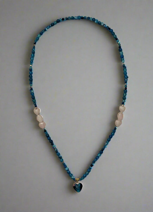 Striped Blue Agate and Rose Quartz Hearts Necklace