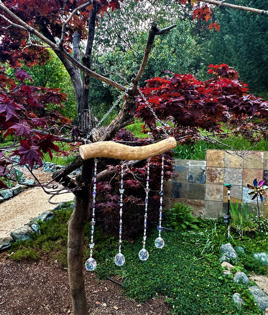 Purple and Clear Glass and Crystal Bead Suncatcher Mobile on Oak Featuring Butterflies and Flowers