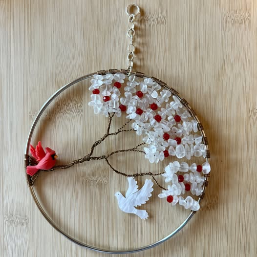 White Spike Quartz, Red Faceted Glass, Silver & Antique Brass Tree of Life Branch With Cardinal and Dove