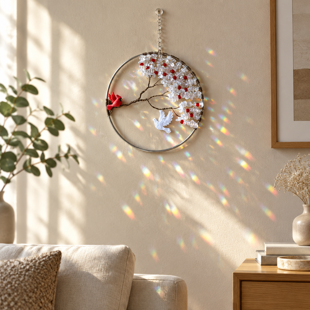 White Spike Quartz, Red Faceted Glass, Silver & Antique Brass Tree of Life Branch With Cardinal and Dove