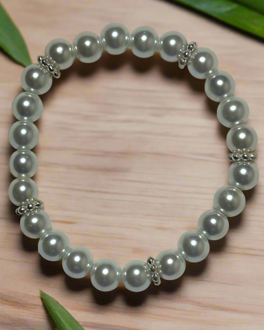 White Glass Peal with Silver Dot Rondell Spacers Bracelet