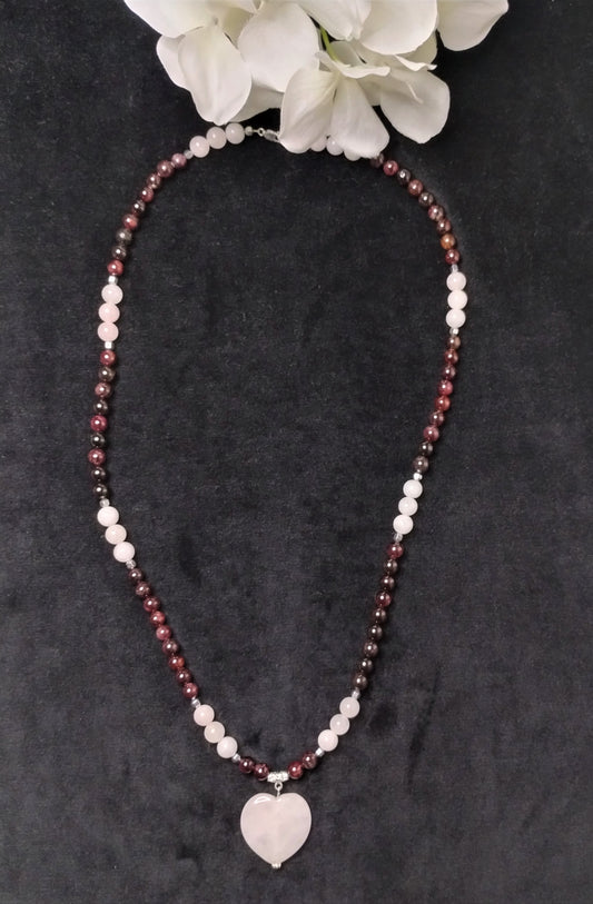 Chinese Garnet and Rose Quartz Necklace with Rose Quart Heart Pendant