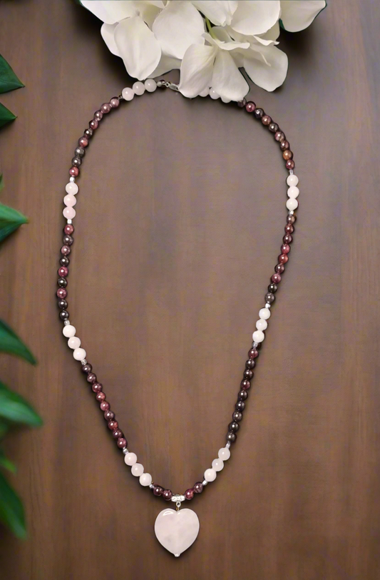 Chinese Garnet and Rose Quartz Necklace with Rose Quart Heart Pendant