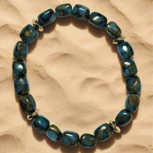 Light Blue Impression Jasper With Gold Hematite Lentil Spacers Bead Bracelet