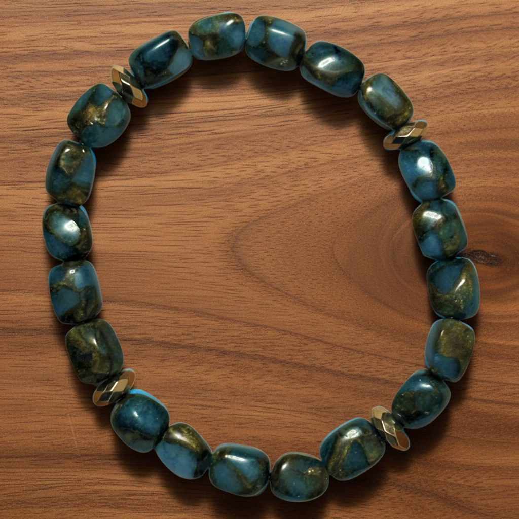 Light Blue Impression Jasper With Gold Hematite Lentil Spacers Bead Bracelet