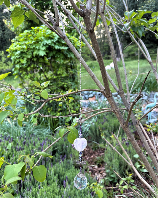 Rose Quartz Heart and Dragon Fly Suncatcher