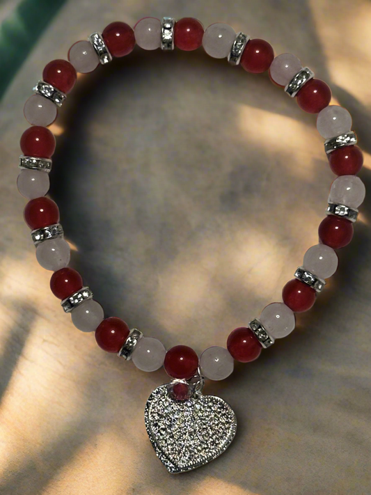 Rose Quartz and Red Quartzite With Silver Plated Heart Charm Bead Bracelet