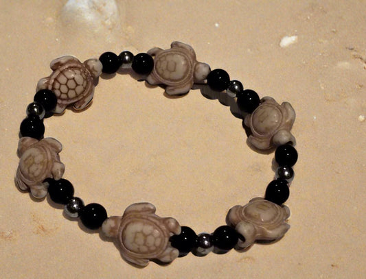 White Stone Turtle, Hematite and Black Jasper Bracelet