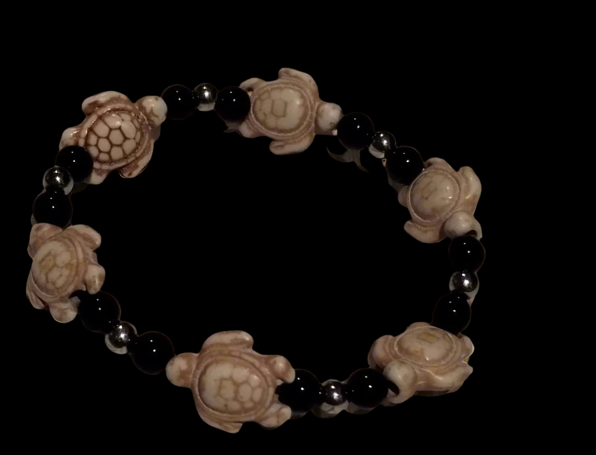 White Stone Turtle, Hematite and Black Jasper Bracelet