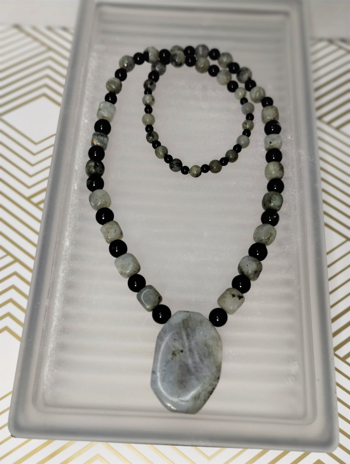 Labradorite and Black Jasper Necklace, Bracelet, and Ring Set