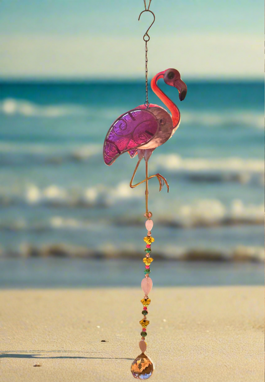 Pink Flamingo With Rose Quartz Suncatcher