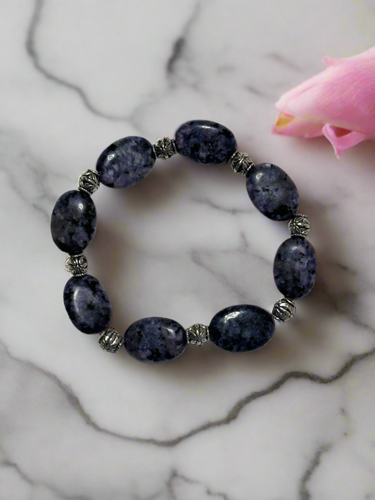 Sodalite With Silver Flower Barrel Spacers Bracelet