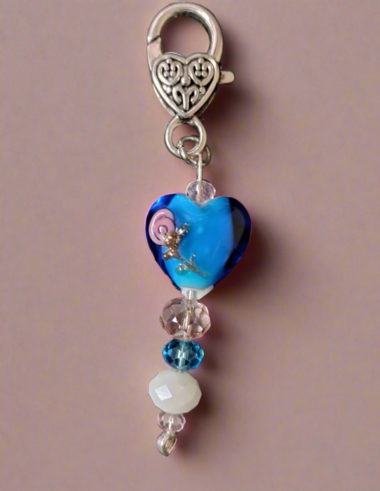Blue Lampwork Glass Heart Purse/Backpack Charm