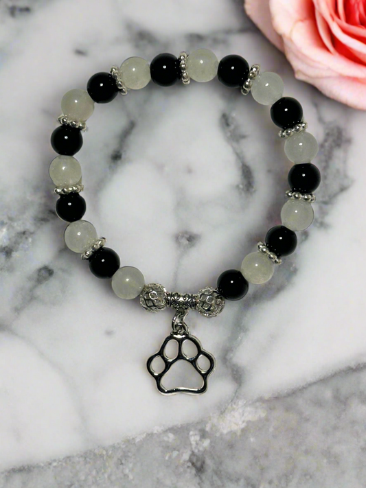 White Quartzite, Black Jasper Bracelet With Paw Print Charm