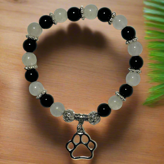 White Quartzite and Black Jasper Bracelet With Paw Print Charm