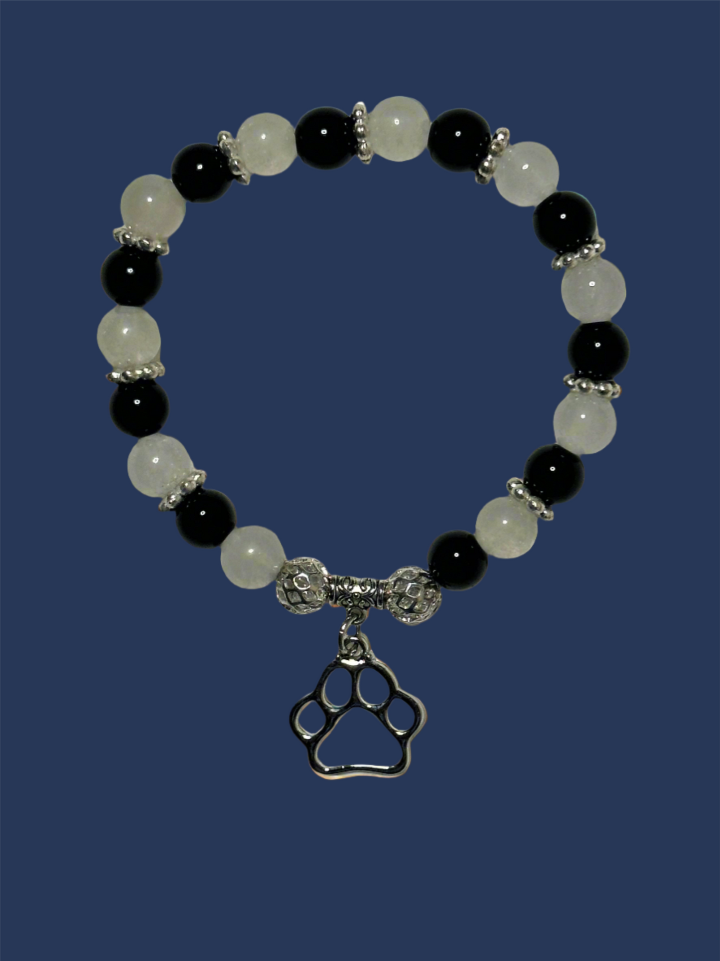White Quartzite, Black Jasper Bracelet With Paw Print Charm